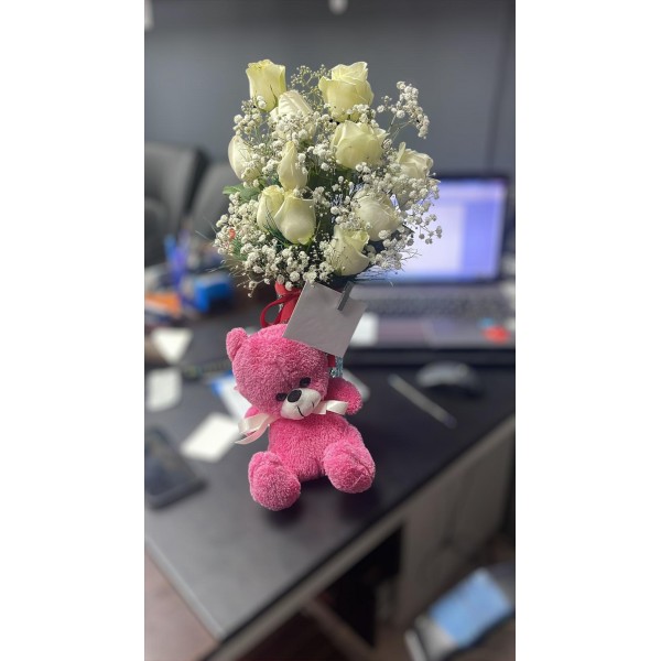 Pembe Ayıcıklı Gül Aranjman